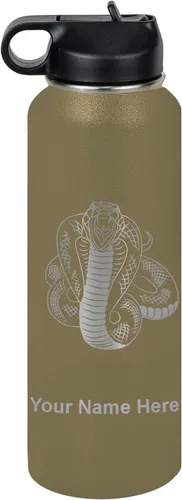 Vista 68 de LaserGram Botella de agua personalizada, serpiente de cobra, acero inoxidable de doble pared aislada al vacío con popote superior, regalo grabado