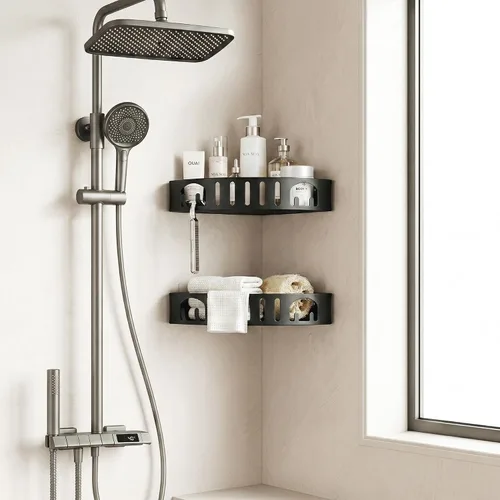 Vista 4 de Estante de ducha adhesivo de esquina sin taladro Organizador de baño de aleación de aluminio a prueba de óxido con soporte para afeitar