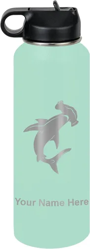 Vista 77 de LaserGram Botella de agua personalizada, tiburón martillo, acero inoxidable de doble pared aislada al vacío con popote superior, regalo grabado