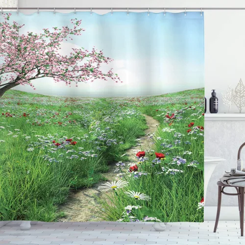 Vista 103 de set de cortina para baño decorativa de tela de poliéster con ganchos