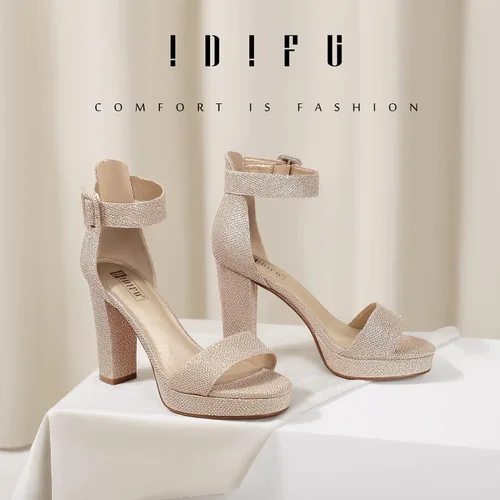 Vista 3 de IDIFU Modelo IN4 Sabrina - Sandalias de tacón alto para mujer, con plataforma gruesa y correa para amarrarlas al tobillo. Ideal para fiestas o bodas