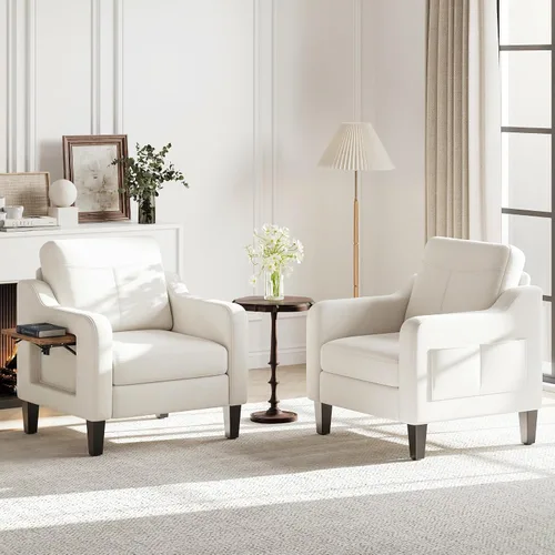 Vista 11 de Silla de acento para sala de estar, sillón moderno tapizado en lino, silla de sofá lateral de tela con estructura de madera con mesa plegable, 2