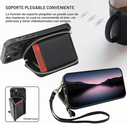 Vista 5 de Bocasal Funda tipo cartera tipo bandolera para iPhone 13, color negro
