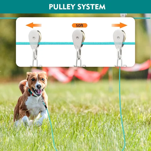 Vista 5 de Correa Corrediza para Perros de 50 Pies para Patio con Cable de Sujeción de 10 Pies - Sistema de Polea Resistente para Perros Grandes de Hasta 250