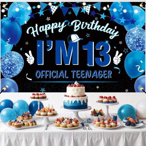Vista 2 de 13th Happy Birthday Backdrop Birthday Banner Decorations for Boys Girls, Blue Toned Polyester Material 13th Birthday Party Wall Backdrop Photo Booth