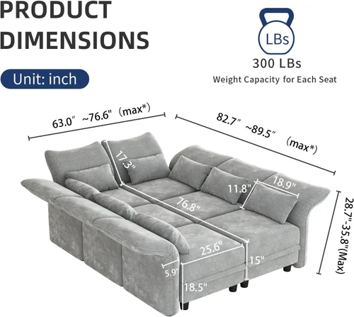 Vista 2 de LLappuil Sofá Seccional Modular de 6 Piezas para Sala de Estar de Chenilla con Sofá Cama Seccional con Chaise Reversible, Reposabrazos y Respaldo