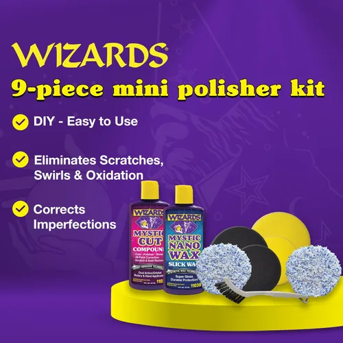 Vista 2 de Wizards Kits de pulido DA Mini pulidor de rasguños y remolinos juego de herramientas - Kit de 9 piezas de pulidores y pulidores para automóvil