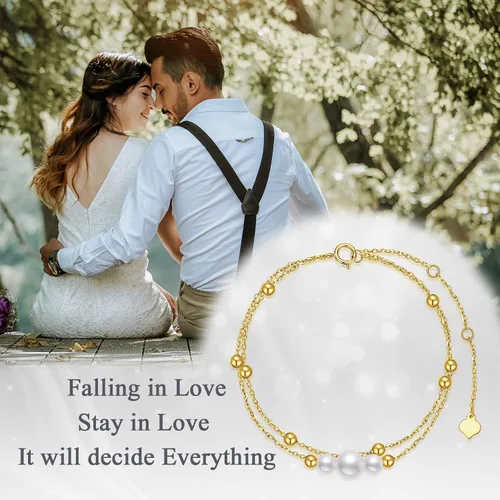 Vista 6 de Pulsera de oro macizo de 14 quilates para mujer, pulsera de perlas cultivadas de agua dulce de oro amarillo con doble cadena de regalo para ella