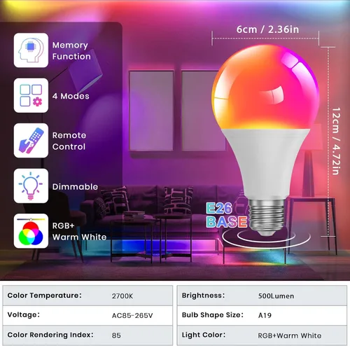 Vista 2 de Bombilla de luz que cambia de color con control remoto, 9 W, A19, E27, blanco cálido, 2700 K, 500 lúmenes, bombilla LED regulable, función