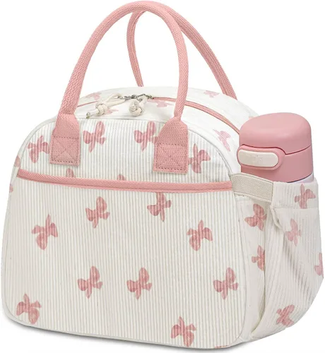 Vista 26 de Carry bloom Lonchera para mujer, lonchera aislada, bonita lonchera de pana reutilizable para el trabajo (1 rayas blancas y negras)