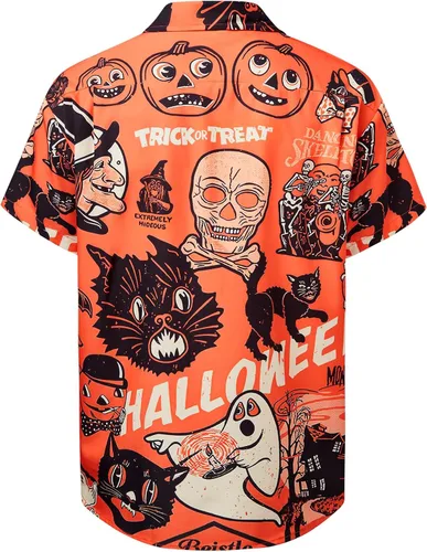 Vista 2 de Hardaddy Camisa de Halloween para hombre, manga corta, con botones, divertida impresión, casual