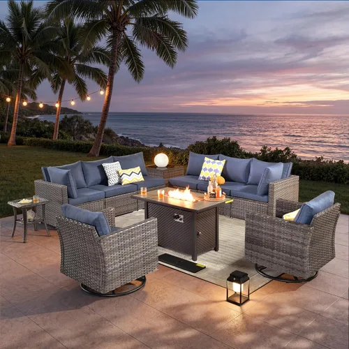 Vista 43 de ovios Juego de muebles de patio al aire libre de 5 piezas con mesa de café, conjunto seccional de muebles de patio con sofá de mimbre para todo tipo