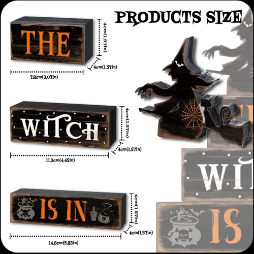 Vista 4 de Decoración de Halloween para interiores - Señales de bruja de madera rústica, decoraciones del hogar para cocina de granja, estante, sala de estar