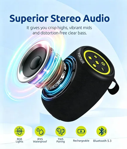 Vista 2 de Altavoz Bluetooth, altavoz inalámbrico portátil con potente sonido estéreo fuerte, BT5.3, IPX5 impermeable, emparejamiento TWS, para fiestas en casa
