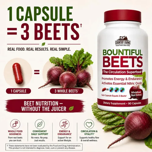 Vista 6 de Country Farms Bountiful Beets - Cápsulas de remolacha integral, superalimento de extracto de remolacha integral, refuerzo de óxido nítrico natural