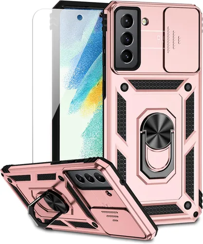 Vista 15 de Funda para Samsung Galaxy S21 FE 5G con cubierta para lente de cámara, protector de pantalla HD, soporte de anillo magnético con función de soporte