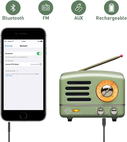 Vista 8 de Muzen Altavoz Bluetooth portátil, pequeño altavoz inalámbrico vintage de metal OTR, radio FM retro con antena AUX, audio estéreo de alta fidelidad
