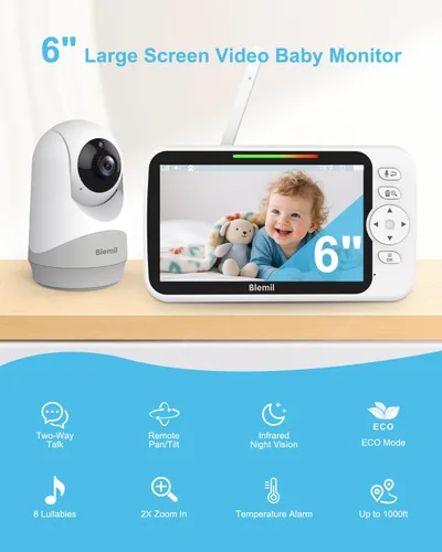 Vista 2 de Blemil Monitor de Bebé con Video Mejorado con Cámara y Audio, Pantalla Grande de 6", Batería de 35 Horas, Monitor de Bebé Sin WiFi, Cámara Remota