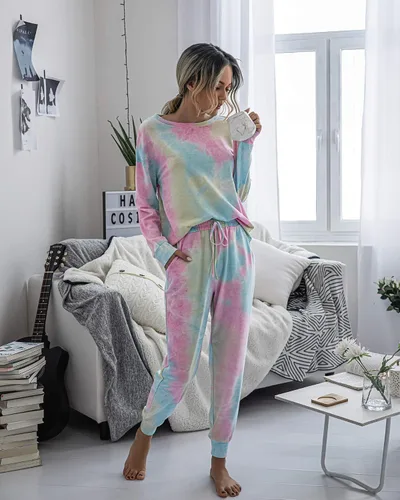 Vista 62 de Prettygarden - Conjunto de pijama de dos piezas para mujer, diseño de teñido anudado, sudadera informal de manga larga con pantalones largos, ropa