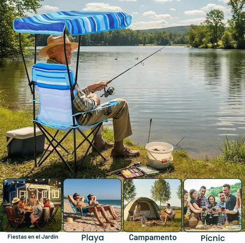 Vista 6 de Paquete de 2 sillas de playa con toldo, sillas plegables de camping con toldo, silla de césped portátil resistente a la intemperie con soporte
