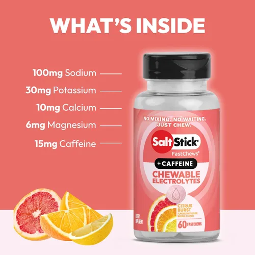 Vista 2 de SaltStick Electrolyte FastChews con cafeína – 60 tabletas masticables Citrus Burst – Tabletas de sal para correr e hidratar, masticables