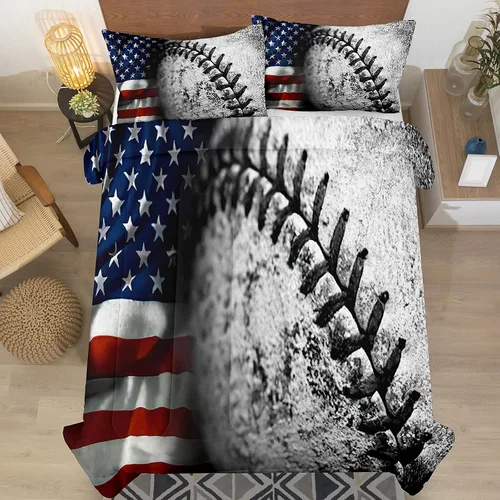 Vista 2 de Bodhi Juego de edredón de béisbol tamaño individual para niños, juego de edredón de bandera estadounidense tamaño individual, juego de ropa de cama