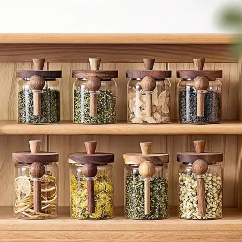 Vista 5 de ANSQU Tarro de vidrio con tapa y cuchara de madera, recipientes de almacenamiento de alimentos, tarro de café, recipiente de almacenamiento