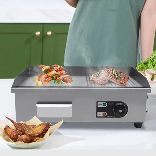 Vista 2 de Parrilla eléctrica comercial con parte superior plana, encimera de barbacoa de placa caliente, control de temperatura ajustable con 122~572℉(1600W