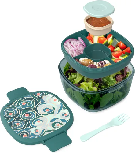 Vista 10 de Bentgo Recipiente de Ensalada de Vidrio Todo en Uno - Ensaladera Grande de 61 oz con Tapa, Bandeja Estilo Bento de 4 Compartimentos, Recipiente