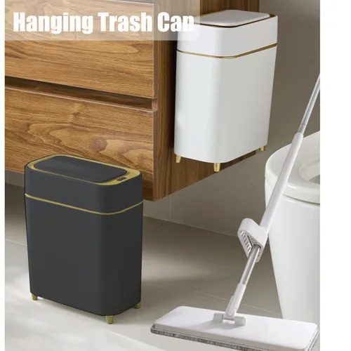 Vista 3 de Yatmung Basurero automático de baño con tapa sin contacto, cubo de basura delgado con sensor de movimiento, baño, dormitorio, cocina, cuarto