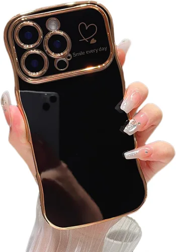 Vista 17 de ZTOFERA Funda para iPhone 11 de 6.1 pulgadas, bonita funda con marco ondulado rizado con patrón de corazón de amor, borde chapado de lujo