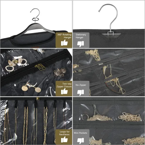 Vista 3 de SMRITI Organizador de joyas colgante con bolsillos dobles con cremallera, lona de doble cara giratoria para colgar collares, organizador de pared