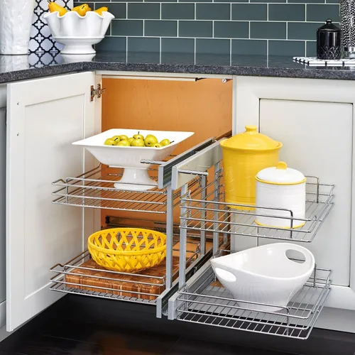 Vista 2 de Rev-A-Shelf Organizador de estante extraíble de doble nivel para gabinetes de cocina o baño de esquina ciega con cierre suave, 15 pulgadas, 4