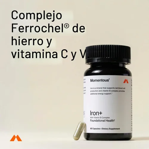 Vista 3 de Momentous Iron+ con vitamina C y complejo de vitamina B, cápsulas de hierro Ferrochel para apoyo fundamental de la salud, certificado NSF