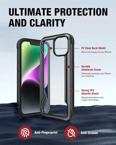 Vista 5 de RAPTIC Shield para iPhone 14, funda protectora transparente a prueba de golpes, grado militar, probada en caídas de 10 pies, marco de aluminio