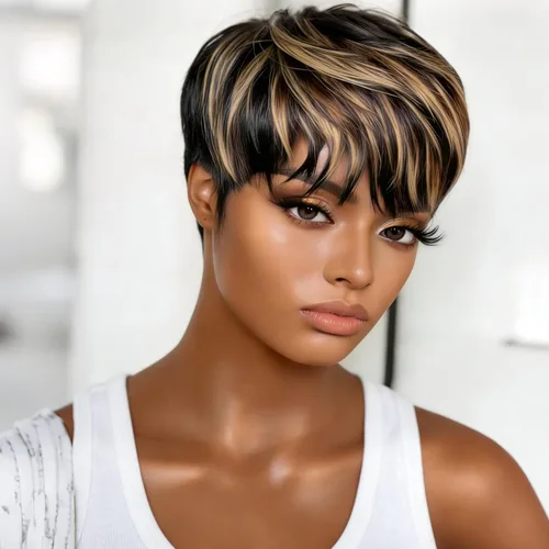 Vista 15 de Peluca de cabello humano con corte Pixie para mujeres negras, 100% cabello humano real, peluca corta y recta sin pegamento con flequillo, hecha a