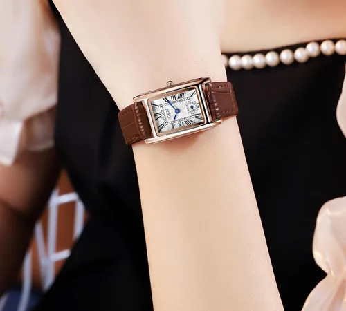 Vista 4 de FANMIS Womens Vintage Rectangular Watches Rose Gold Case Roman Numeral Luxury Wristwatch Square Brown Leather Strap Watch