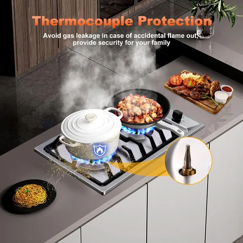 Vista 3 de Eascookchef - Placa de cocina de gas de 2 quemadores con protección de termopar - NG/LPG convertible de 30 cm (12 pulgadas) de acero inoxidable