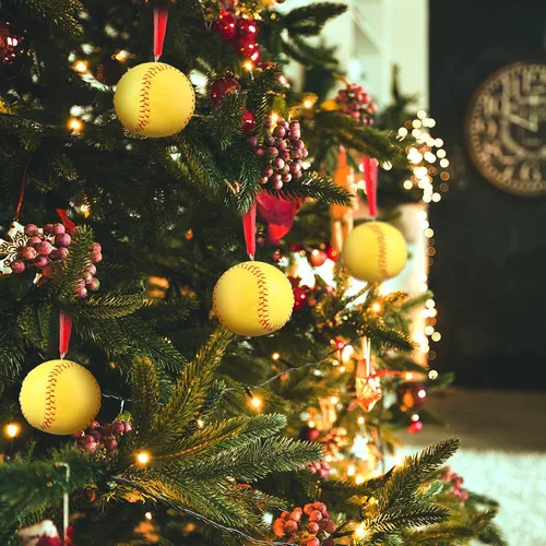 Vista 7 de Newwiee 6 piezas de adornos de Navidad de sóftbol a granel decoraciones deportivas para árbol de Navidad, adorno decorativo de béisbol de piel
