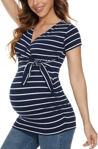 Vista 2 de Glampunch Camisas de maternidad para mujer, manga corta y larga, con lazo frontal, tops de maternidad