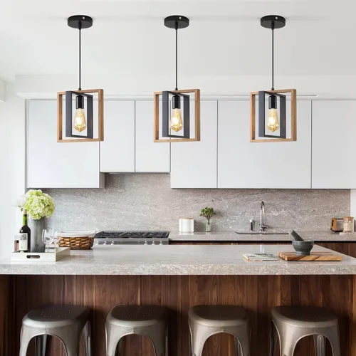Vista 2 de Lámpara colgante estilo granja, luces colgantes negras para isla de cocina, luz colgante de metal industrial y madera vintage, lámpara de techo