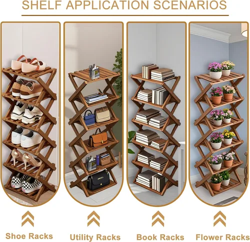 Vista 5 de Comeon Zapatero de bambú, zapatero vertical plegable para puerta delantera, entrada, organizador estrecho de zapatos, estante pequeño para zapatos