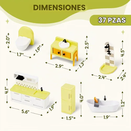 Vista 7 de Giant bean Juego de 37 piezas de muebles de plástico de madera verde para cocina y baño, accesorios modernos de casa de muñecas de madera, muebles