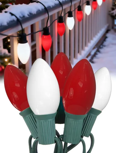 Vista 12 de Luces de Navidad C9 rojas y blancas de 25 pies, cadena de luces de Navidad C9 impermeables con 26 bombillas rojas y blancas, luces de Navidad