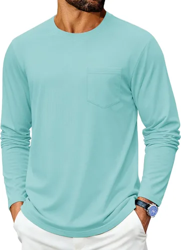 Vista 10 de Cotrasen Camisetas de manga larga para hombre de algodón con cuello redondo, camisetas T con bolsillo que absorben la humedad, suaves, cómodas