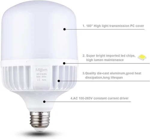 Vista 8 de Bombillas LED de alto vatio, equivalente a 250 W-300 W, luz blanca brillante de 35 W, 6000 K de alta intensidad, 3675 lúmenes LED comerciales