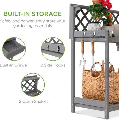 Vista 9 de Best Choice Products Banco para macetas de jardín al aire libre, mesa de trabajo de madera con cajón de gabinete, estante abierto, almacenamiento