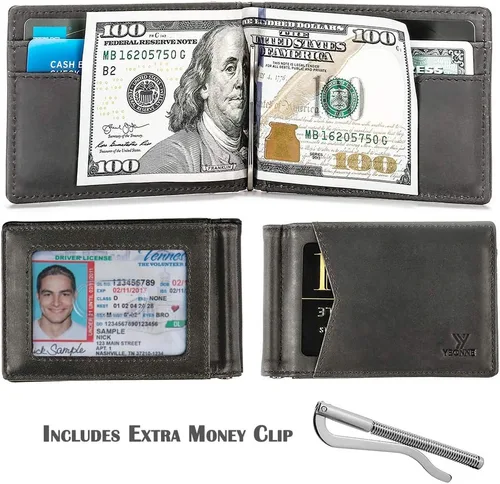 Vista 16 de YBONNE - Cartera fina con clip para dinero, de cuero auténtico, bloqueo RFID, minimalista