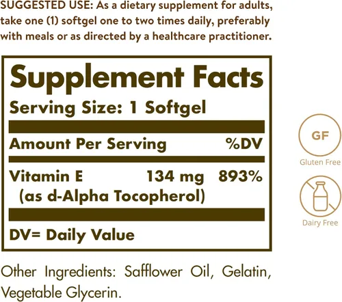 Vista 2 de Solgar Vitamina E 200 UI Alfa, 100 cápsulas blandas – Antioxidante, Envejecimiento saludable, Piel sana, Apoyo del sistema inmunológico – Fuente