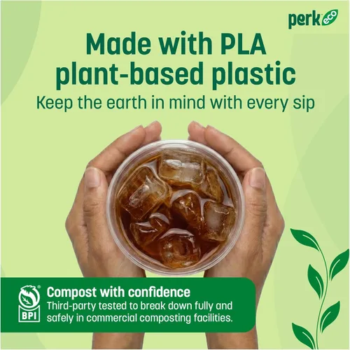 Vista 3 de Perk Staples Vaso frío plástico compostable, 12 onzas, transparente/verde, 300/cartón (PK56195)